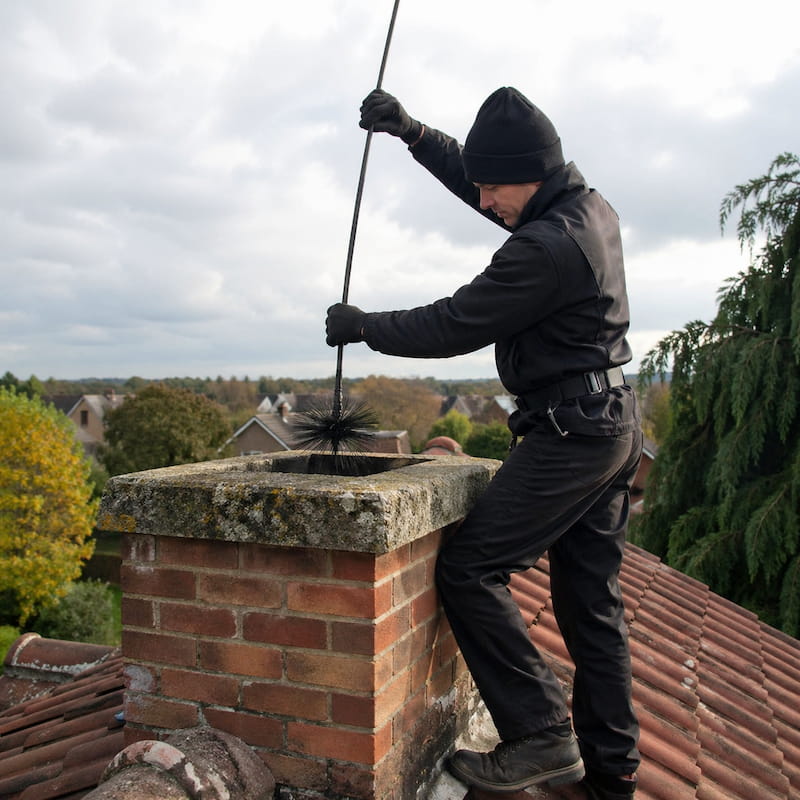 Deshollinador limpiando el tiro de una chimenea con cepillo desde el tejado